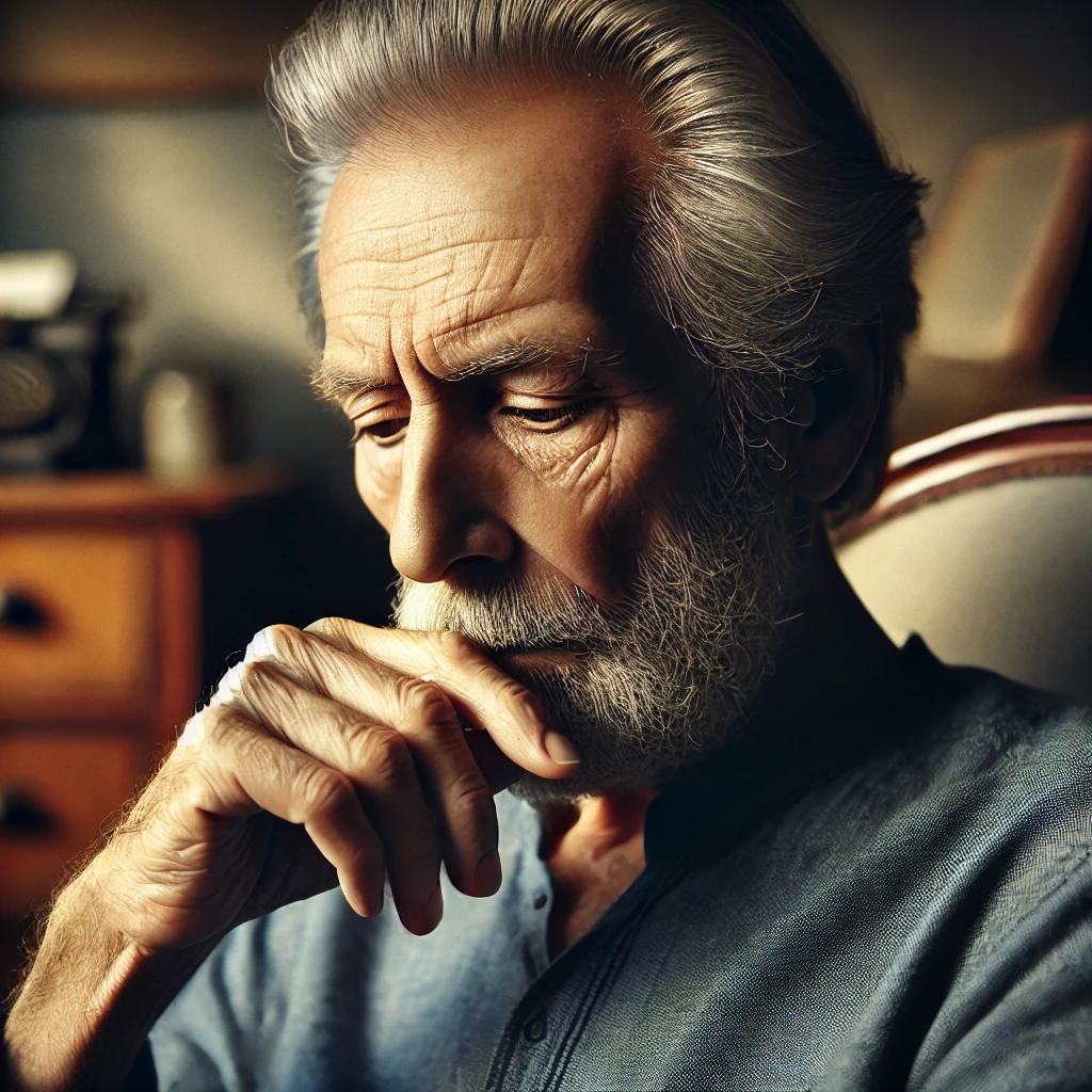 DALL·E 2024-09-04 18.16.40 - A detailed image of an elderly man deep in thought. He has less hair, with a receding hairline and some gray strands remaining. He is